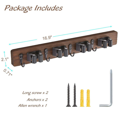 Rustic Wood Wall Mount Mop And Broom Organizer With 4 Slots And 4 Hooks For Closet Garage Laundry Kitchen Decor, package includes screws and anchors.