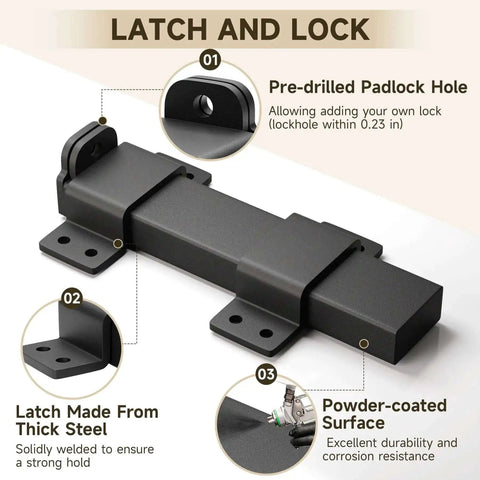 Built Tough Gate Latch With Padlock Hole, Adjustable Barn Door Lock, Rustproof steel, pre-drilled holes, farmhouse style