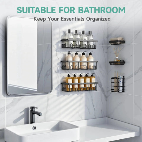 Rustproof shower caddy set with no-drill adhesive mounts displays bath essentials on a tiled wall in a bathroom setting.