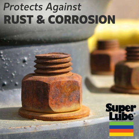 Rusty bolt highlighted to show Super Lube Multi-Purpose Synthetic Grease w/ Syncolon - High Temperature, Water & Corrosion Resistant Grease - Workshop & Industrial Use - Food Grade - Translucent White - Tube - 3 oz (21030) protection against rust and corrosion.