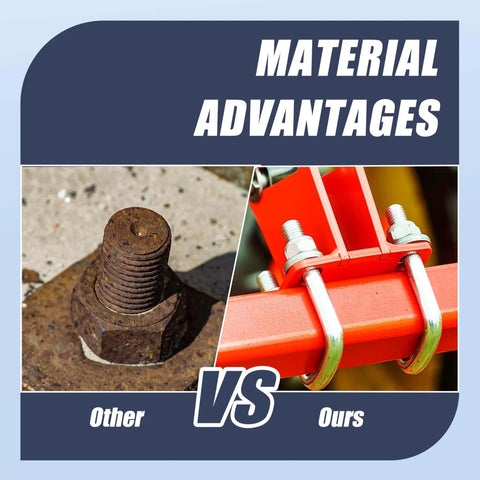 Comparative image showing rusted bolt versus Set of 8 M8 U Bolts in 304 Stainless Steel With Nuts Washers and Bolt Plate 50mm Wide by 100mm Long Corrosion Resistant Mounting Hardware for Pipe Bar and Tube installed on red surface.
