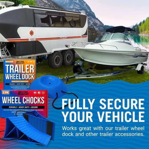 Heavy Duty Boat Trailer And RV Wheel Chocks 2 Pack With Rope And Rubber Pads used on travel trailers and boats.
