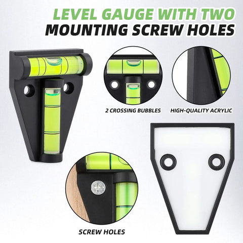 Six Pack T Type RV Levelers With Bubble Levels For RVs Campers Trailers And More Portable Acrylic Cross Check Levelers Durable And Easy To Read For Furniture Tripods And Camera Equipment shown with mounting holes and dual bubbles