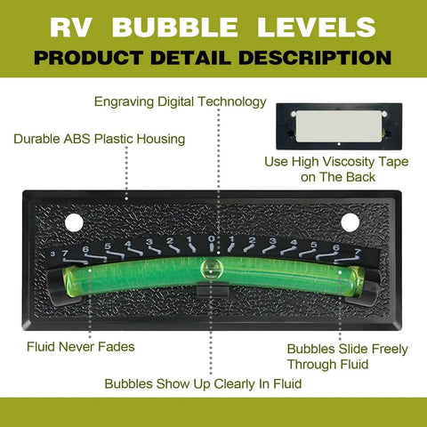 RV Level Bubble Four Piece Set With High Visibility Green Liquid And Minus Seven To Plus Seven Degree Graduated Scale Never Fades Under Sun For Day And Night RV Camper Trailer Use Quick Stick On And Screw Mount Precision Leveling System shown in durable ABS plastic housing.
