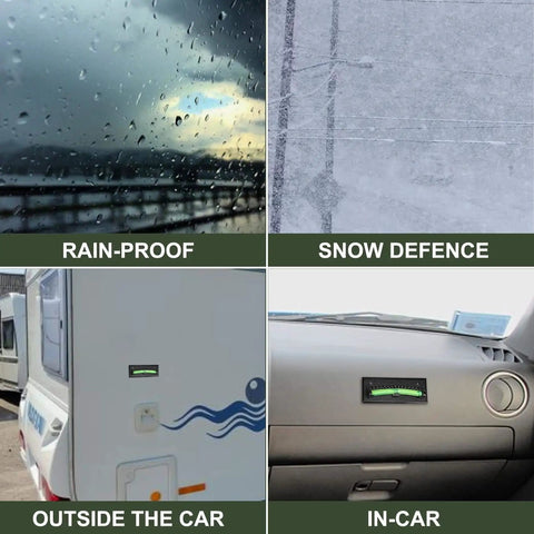 RV Level Bubble 2 Pack For RV And Trailer Leveling installed on RV and inside car dashboard, showing rain and snow resistance.