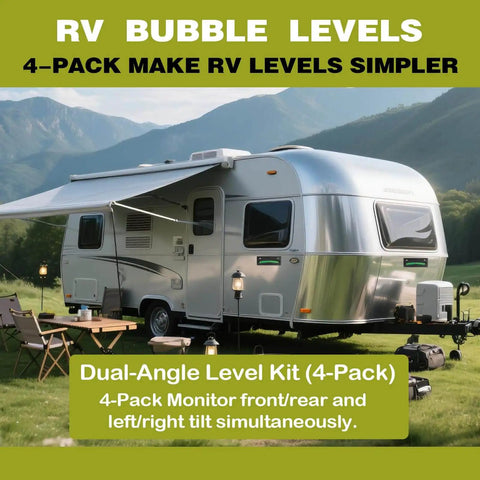 RV camper trailer equipped with RV Level Bubble Four Piece Set With High Visibility Green Liquid And Minus Seven To Plus Seven Degree Graduated Scale Never Fades Under Sun For Day And Night RV Camper Trailer Use Quick Stick On And Screw Mount Precision Leveling System in a scenic outdoor setting
