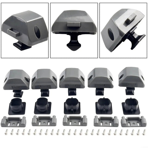 Push-button RV cabinet latch kit with gray plastic housings, mounting brackets and screws (5-pack).