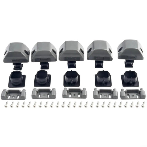 Push-button RV cabinet lock set; five gray housings with mounting plates and screws