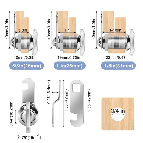 Diagram showing secure RV compartments, cabinets and drawers with a thumb operated offset cam lock featuring a 1 inch cylinder.