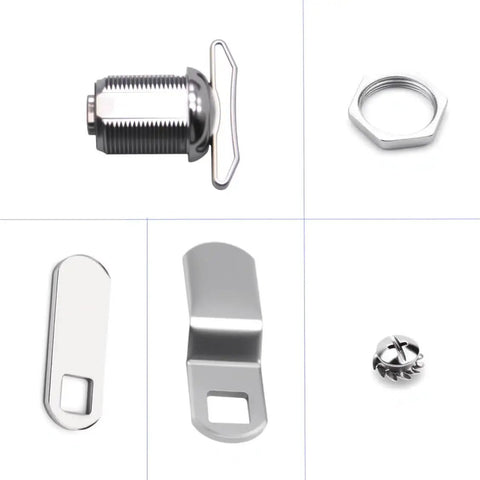 Five Eighths Inch Thumb Operated Offset Cam Lock for RV Compartments and Camper Storage Doors Non Locking Thumb Turn Durable Zinc Alloy Die Cast Housing Two Pack, showing all components