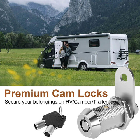 Secure your RV compartments with keyed-alike cam locks, a set of four 1 1/8 Inch cam locks with eight keys, chrome finish
