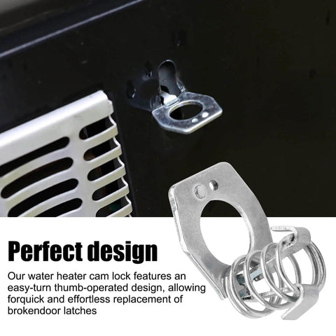 Close-up of RV Water Heater Twist Cam Lock With Hook Fastener Parts installed on black metal surface, silver latch visible