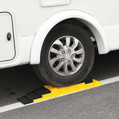 RV Camper Leveling Blocks Set With Anti Slip Pads Interlocking Design 10 Pack Includes One Wheel Chock Ramps And Carrying Bag For Travel Trailer Yellow Heavy Duty Stabilizers For Campsites used under a wheel
