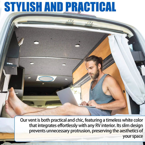Man sitting in camper with 5-Pack 6.5 Inch RV Ceiling Vent Covers For Inside Camper With Rotatable Slats And Directional Airflow Replacement For RV AC Vents Fits 4 5 8 Inch Ducts Ships White Or Light Beige visible above.