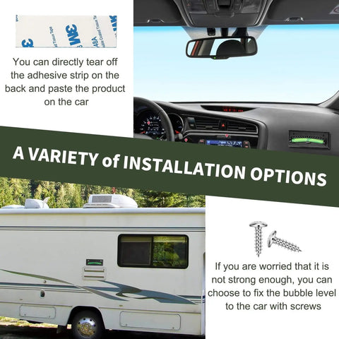 RV Level Bubble 2 Pack For RV And Trailer Leveling with adhesive options shown for installation inside a vehicle and on an RV, with screws and adhesive.