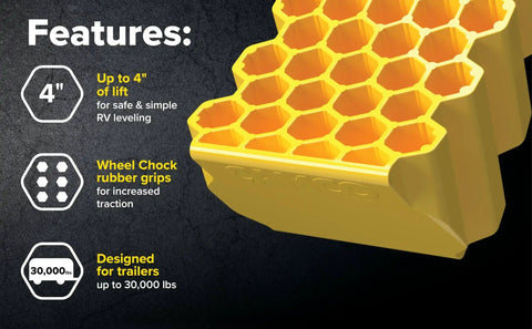 Curved Camper Leveler And Wheel Chock For RVs And Trailers Up To 30,000 Lbs By Camco, showing honeycomb design and features.
