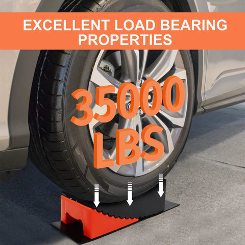 RV Camper Leveler Kit With 2 Curved Levelers 2 Wheel Chocks Anti Slip Mats And Carrying Bag Heavy Duty Leveling Blocks Up To 35000 Lbs For Travel Trailers And Campers Simple Quick Leveling You Can Trust under a vehicle tire demonstrating its load capacity of 35000 lbs.