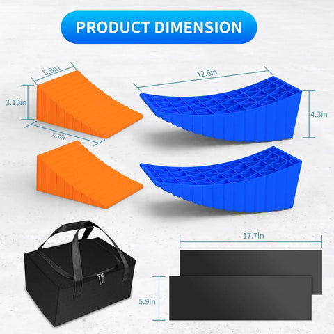 Heavy Duty RV Leveler Kit For Camping, 2 Pack Curved Wheel Levelers With Anti Slip Mats And Carrying Bag, Supports Up To 35,000 Lbs, Keeps Your Camper Level And Stable On Any Surface. Shown with dimensions: orange and blue wheel chocks, black carrying bag.