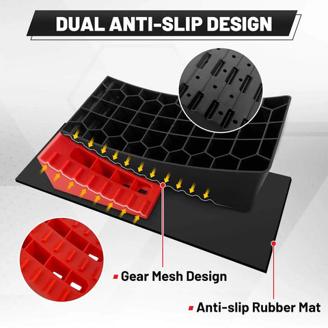 Heavy Duty RV Leveling Blocks for Travel Trailers With Anti Slip Mats and Chocks, 2 Pack Includes Carry Bag, 4 Inch Max Leveling Height, Works Up To 35000 Lbs GVW, Red by ROBLOCK, showing gear mesh design and anti-slip mat.