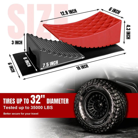 RV Leveling Blocks Two Pack System With Two Chocks And Anti Slip Mats For Travel Trailers And Campers Up To 35000 Lbs No Hassle Quick Leveling Ramp Kit, showing red and black blocks with dimensions, suitable for up to 32-inch tires.
