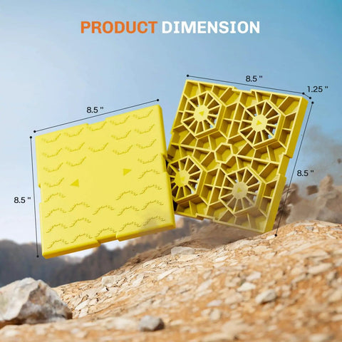 Interlocking RV Leveling Blocks 12 Pack For Single And Dual Wheels, yellow blocks, 8.5x8.5x1.25 inches dimensions shown