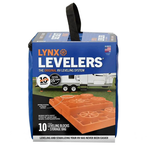 Interlocking RV Leveling Blocks 10 Pack With Nylon Storage Bag For Trailer Motorhome And Vanlife Up To 40,000 Lbs Capacity Orange Made In USA By Tri-Lynx Lynx Levelers Durable Heavy Duty Stability For Uneven Terrain And Easy Quick Leveling packaging front view.