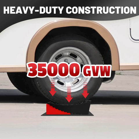 Heavy Duty RV Leveling Blocks for Travel Trailers With Anti Slip Mats and Chocks, 2 Pack Includes Carry Bag, 4 Inch Max Leveling Height, Works Up To 35000 Lbs GVW, Red by ROBLOCK in use under a trailer tire.