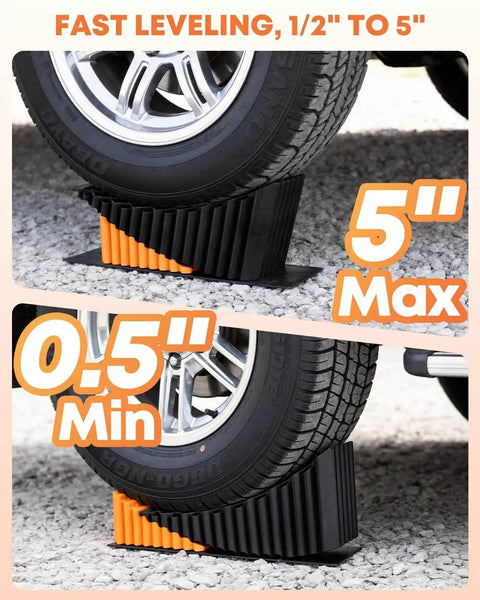Heavy Duty RV Leveling Blocks Five Inch For Trailers Up To Fifty Thousand Pounds With Curved Camper Levelers Anti Slip Joint System Wheel Chocks Rubber Mats And Carry Bag Orange shown in use