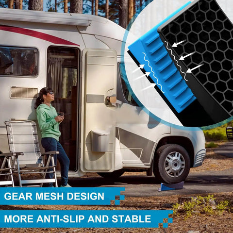 Sturdy 2 Pack RV Leveling Blocks Kit With Carrying Bag Anti Slip Mats And Bubble Level For Campers Trailers And SUVs Up To 35000 Lbs Heavy Duty Solid PP Construction Works With Tires Ready to Roll Up to 32 Inches shown near a camper.