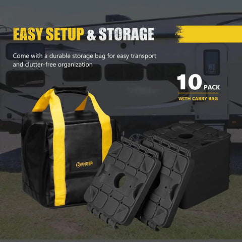 3 In 1 RV Leveling Blocks Set For Camper And Trailer Stackable Jack Blocks Interlocking Recovery Boards And Wheel Stabilizers 10 Pack With Carry Bag Black, shown with black and yellow carry bag on grass.