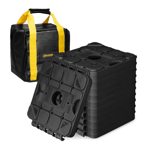 3 In 1 RV Leveling Blocks Set For Camper And Trailer Stackable Jack Blocks Interlocking Recovery Boards And Wheel Stabilizers 10 Pack With Carry Bag Black, shown with carrying bag and stacked blocks.