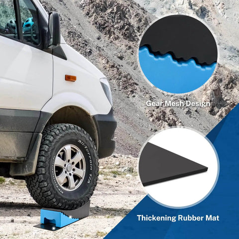 RV tire on Rugged RV Leveling Blocks For Travel Trailers Up To 35000 Lbs Curved Levelers 2 Pack With Blue Chocks.