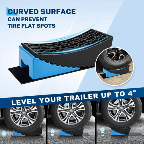Rugged RV Leveling Blocks For Travel Trailers Up To 35000 Lbs Curved Levelers 2 Pack With Blue Chocks 2 Non Slip Mats Kohree