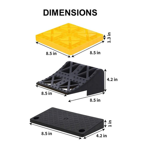 Dimensions of RV Camper Leveling Blocks Set With Anti Slip Pads Interlocking Design 10 Pack Includes One Wheel Chock Ramps.