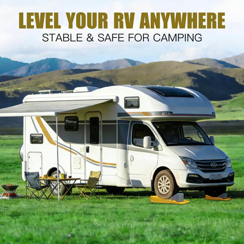 Motorhome parked on grass using Heavy Duty RV Leveling Blocks Set For Travel Trailers And Campers With Storage Bag Adjustable Up To 3 Inches And Supports Up To 10000 Lbs 2 Pack Leidgg for stability.