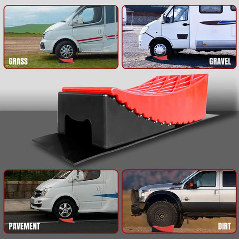 RV Leveling Blocks Two Pack System With Two Chocks And Anti Slip Mats for Travel Trailers and Campers on grass, gravel, pavement, and dirt surfaces