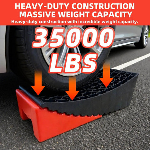 Car wheel on RV Leveling Blocks Ramp Kit 2 Pack Heavy Duty Camper Leveler Chocks Kit With 35,000 Lbs Capacity showing durability
