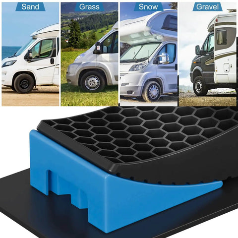 Sturdy 2 Pack RV Leveling Blocks Kit With Carrying Bag Anti Slip Mats And Bubble Level For Campers Trailers And SUVs Up To 35000 Lbs Heavy Duty Solid PP Construction Works With Tires Ready to Roll Up to 32 Inches shown with terrain examples of sand, grass, snow, gravel. Close-up of blue and black leveler.