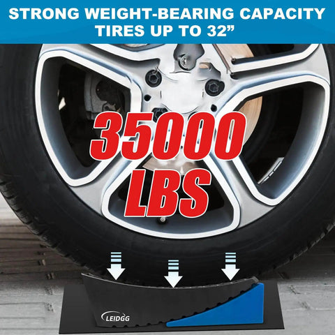 Sturdy 2 Pack RV Leveling Blocks Kit With Carrying Bag Anti Slip Mats And Bubble Level For Campers Trailers And SUVs Up To 35000 Lbs Heavy Duty Solid PP Construction Works With Tires Ready to Roll Up to 32 Inches shown under vehicle tire.