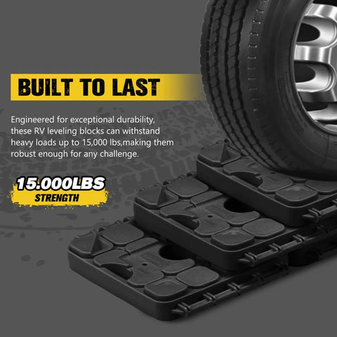 3 In 1 RV Leveling Blocks Set For Camper And Trailer Stackable Jack Blocks Interlocking Recovery Boards And Wheel Stabilizers 10 Pack With Carry Bag Black shown supporting a vehicle tire, highlighting durability with 15,000 lbs strength.