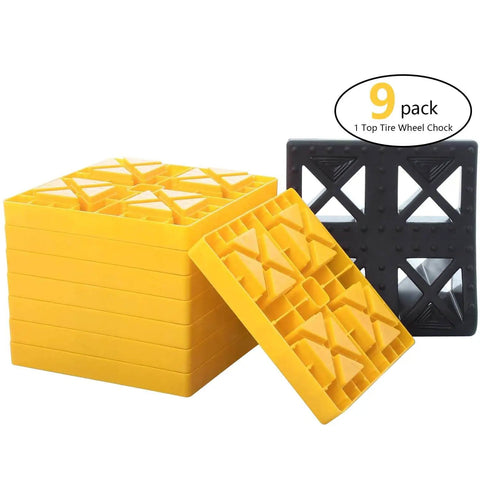 Interlocking Camper Leveling Blocks Kit With Anti Slip Ramps 10 Pack Includes One Wheel Chock And Handy Carrying Bag For Travel Trailer And RV No Slip Rock Solid Stabilization On Uneven Ground, showing yellow leveling blocks and black wheel chock.