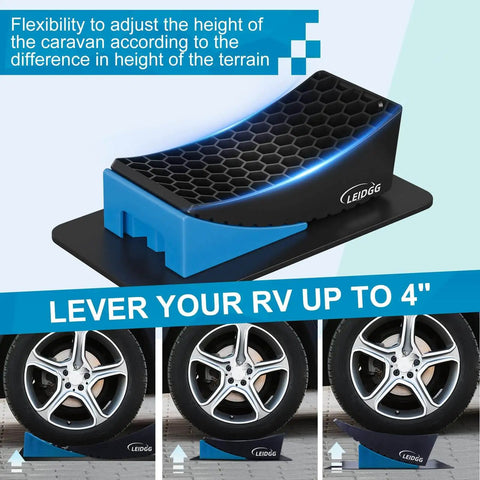 Sturdy 2 Pack RV Leveling Blocks Kit With Carrying Bag Anti Slip Mats And Bubble Level For Campers Trailers And SUVs Up To 35000 Lbs Heavy Duty Solid PP Construction Works With Tires Ready to Roll Up to 32 Inches, showing leveler with curved design and anti-slip mat under a tire.