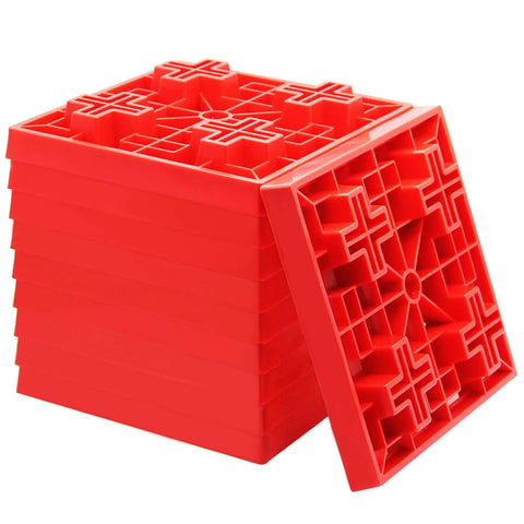 10 Pack Heavy Duty RV Leveling Blocks For Campers And Trailers Interlocking Levelers stacked in a pile, red plastic