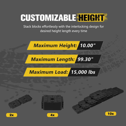3 In 1 RV Leveling Blocks Set For Camper And Trailer Stackable Jack Blocks Interlocking Recovery Boards And Wheel Stabilizers 10 Pack With Carry Bag Black showing customizable height and load capacity.