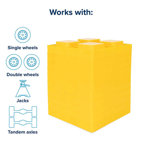 Interlocking RV Leveling Blocks With Storage Bag For Easy Camping Setup And Precise Stacking, Ten Pack, Each Block Adds One Inch Of Height, Heavy Duty Stabilizers For Trailers And Campers, Sized 8.5 By 8.5 By 1 Inches.