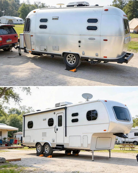 Heavy Duty RV Leveling Blocks Five Inch For Trailers Up To Fifty Thousand Pounds With Curved Camper Levelers Anti Slip Joint System Wheel Chocks Rubber Mats And Carry Bag Orange used on two RVs in a campsite.
