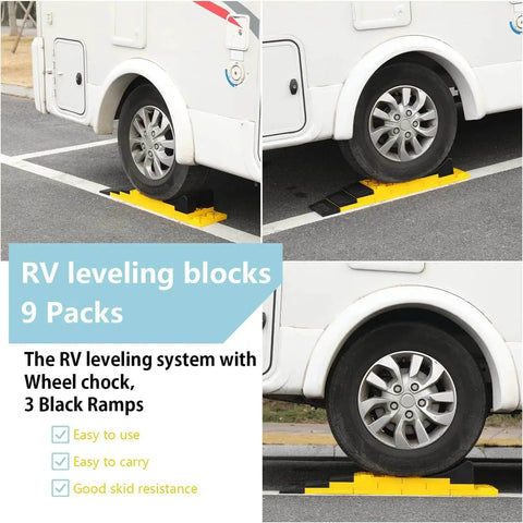 RV Camper Leveling Blocks Set With Anti Slip Pads Interlocking Design 10 Pack Includes One Wheel Chock Ramps And Carrying Bag