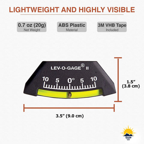 Lev O Gage II RV Leveling System 2 Pack Made In USA High Visibility Brass Ball Level For RV Camper And Pop Up Trailer No Bubble Tilt Readings From Minus Ten To Plus Ten Degrees Sun Company with ABS plastic and measurements