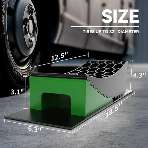 8 Piece RV Camper Leveling Kit With Curved Levelers, Wheel Chocks, And Rubber Grip Mats In Storage Bag For Easy Half Inch To Four Inch Elevation, Heavy Duty Polyethylene Blocks For Trailers Up To 35,000 Lbs side view with product dimensions