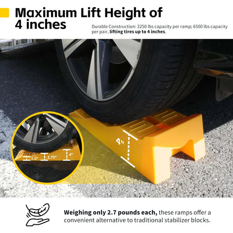 Three Step RV Leveling Ramps Set Of Two For Camper And Trailer In Bright Yellow Terrain Leveler For Stable Parking On Uneven Ground Easy Drive On With Gradual Increments Includes Wheel Chocks, showing maximum lift height of 4 inches while supporting a tire.